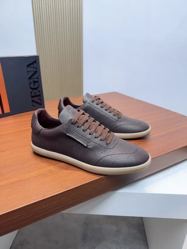 Zegna Sneakers Lifestyle Cuir Marron Pebbled Low-Top 4
