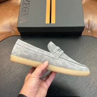 Zegna Gray Beige Suede Upper Penny Strap Loafer