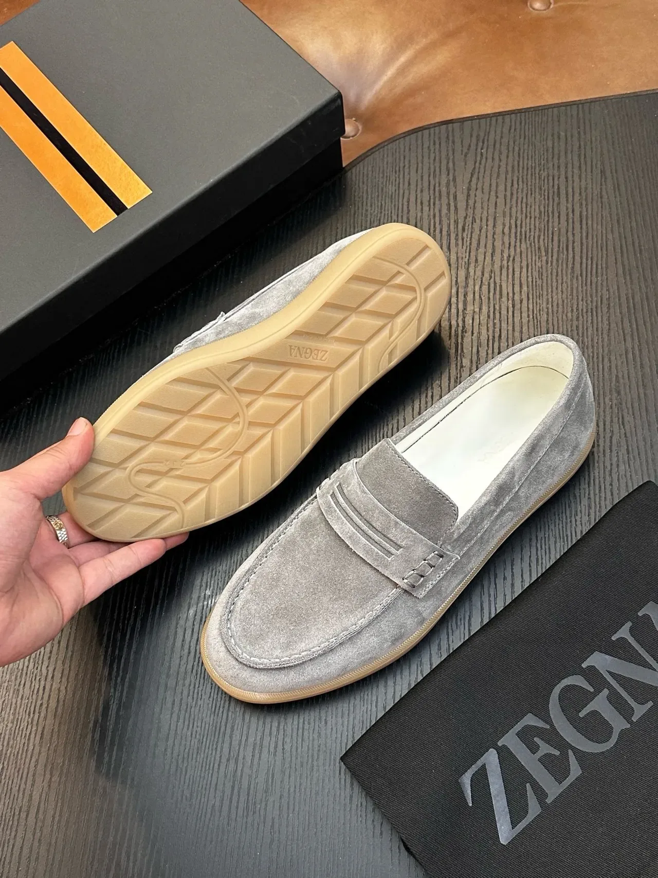 Zegna Gray Beige Suede Upper Penny Strap Loafer 2