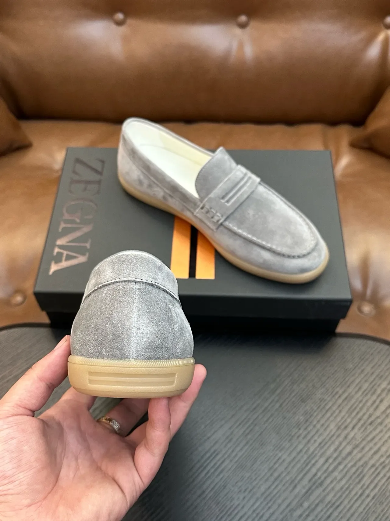 Zegna Gray Beige Suede Upper Penny Strap Loafer 3