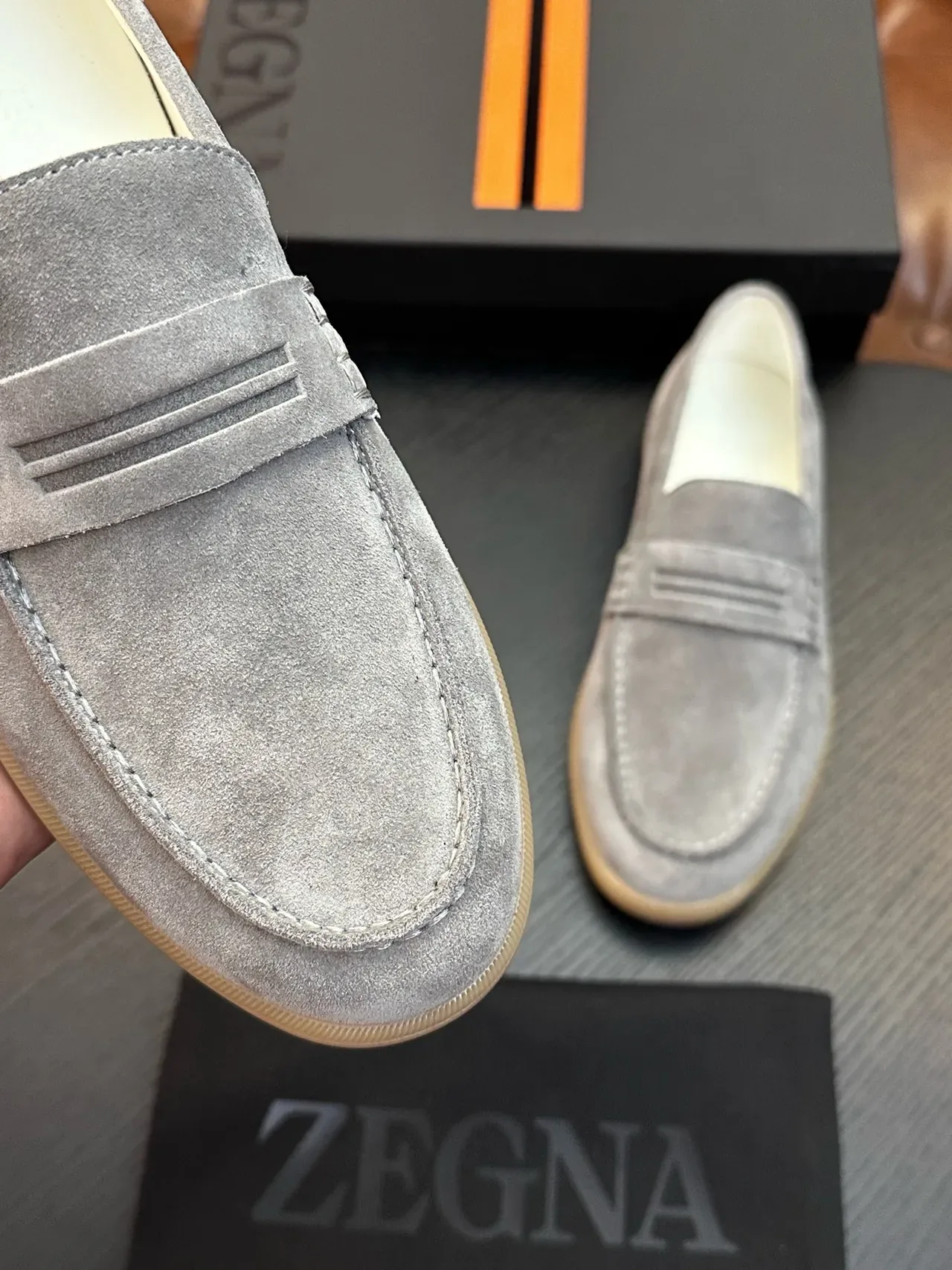 Zegna Gray Beige Suede Upper Penny Strap Loafer 4