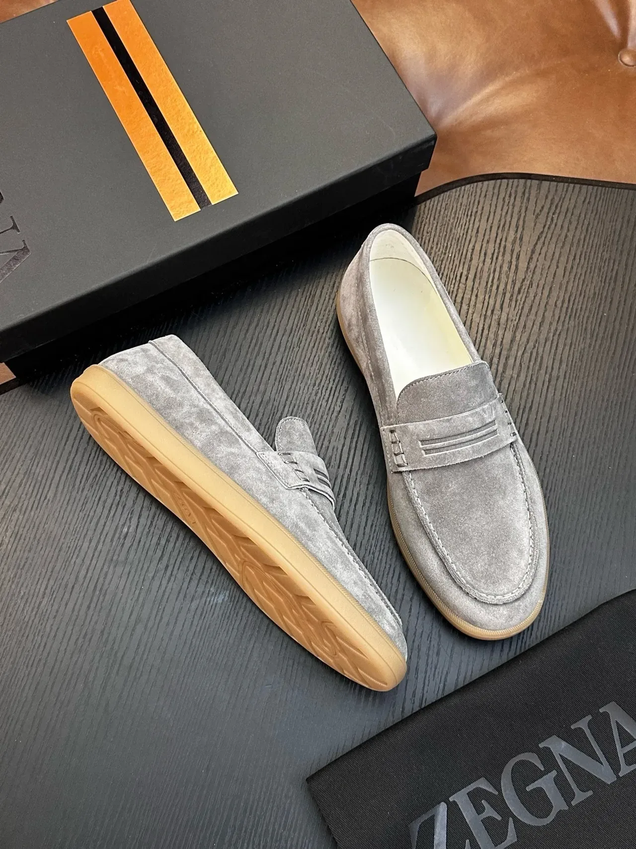 Zegna Gray Beige Suede Upper Penny Strap Loafer 5