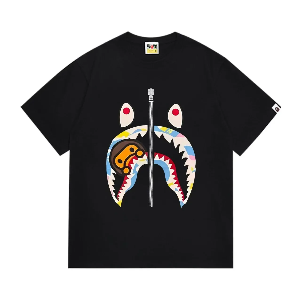 A Bathing Ape Shark Hoodie Black Multicolor Graphic-Print Zipper-Motif T-Shirt 1