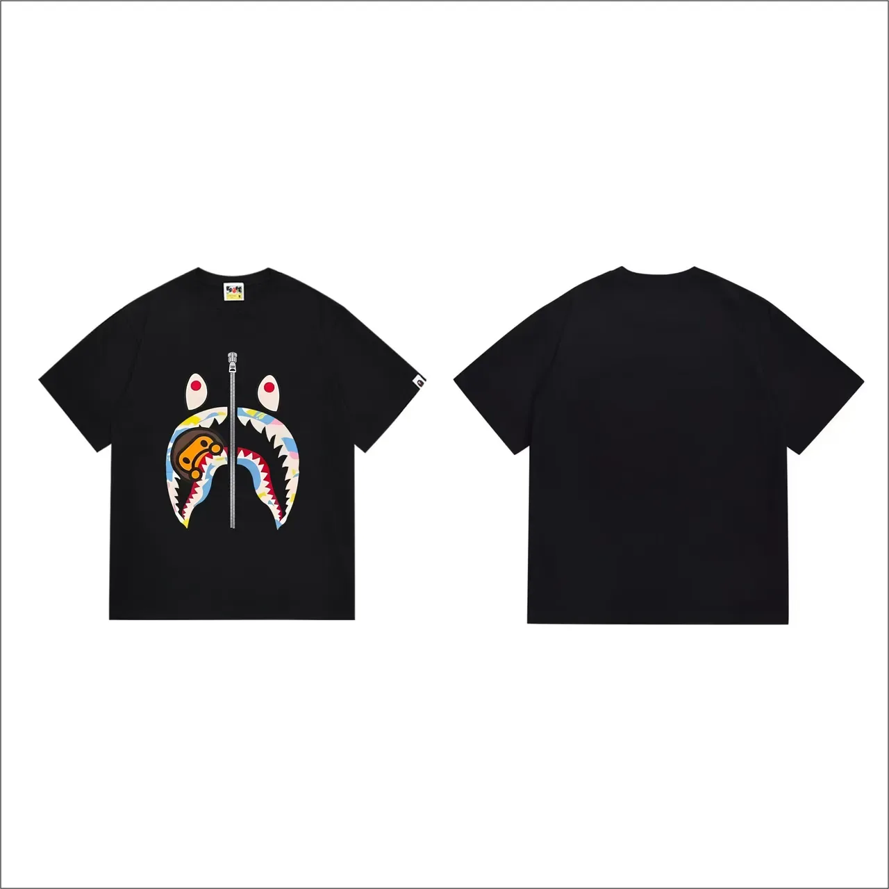 A Bathing Ape Shark Hoodie Black Multicolor Graphic-Print Zipper-Motif T-Shirt 4