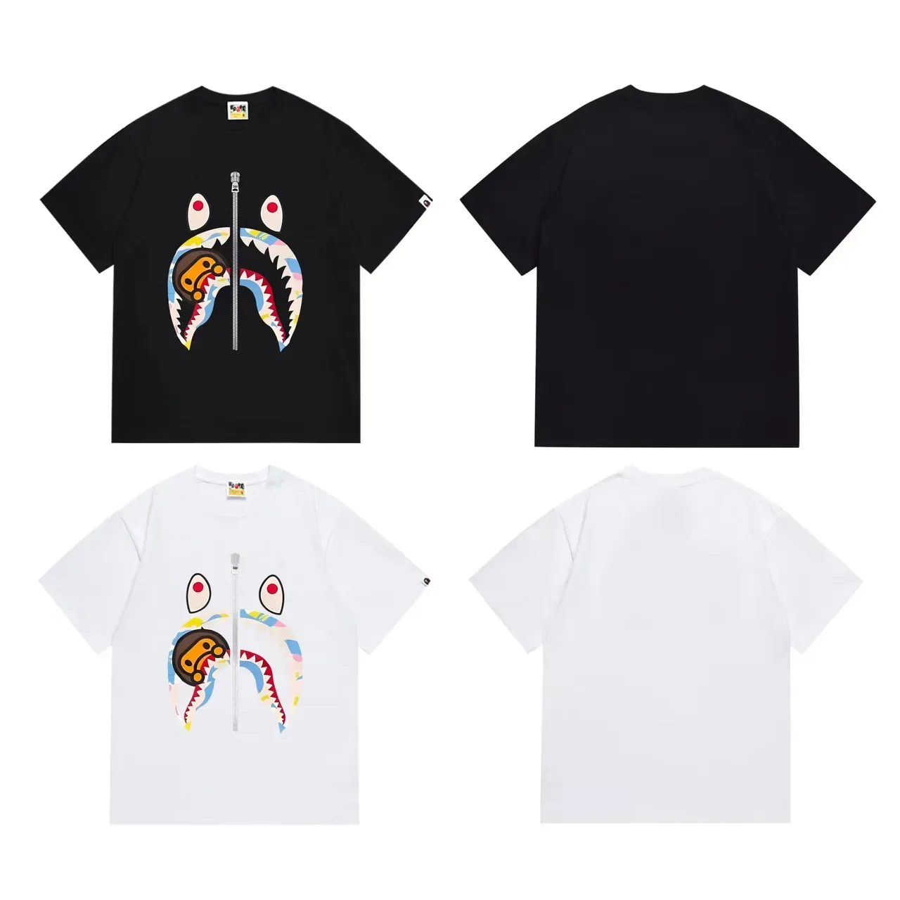A Bathing Ape Shark Hoodie Black Multicolor Graphic-Print Zipper-Motif T-Shirt 6