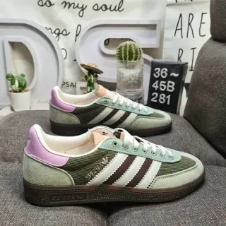 Adidas Army Green Pink Corduroy And Suede Panel Construction Three-Stripe Side Branding Lifestyle Sneakers