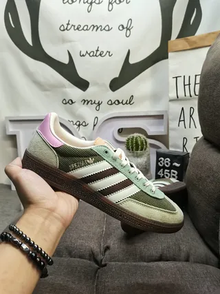 Adidas Army Green Pink Corduroy And Suede Panel Construction Three-Stripe Side Branding Lifestyle Sneakers 5