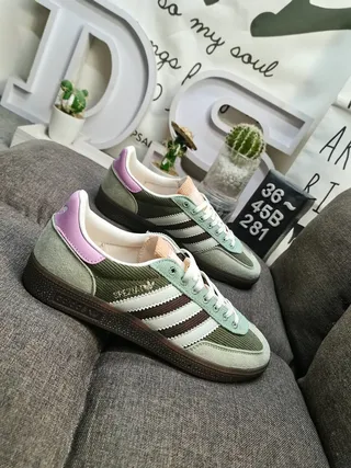 Adidas Army Green Pink Corduroy And Suede Panel Construction Three-Stripe Side Branding Lifestyle Sneakers 9
