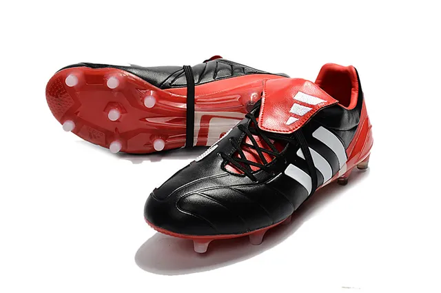 Adidas Noir Rouge Coupe-basse Cuir supérieur Trois bandes blanches Terrain ferme Chaussures de football 23