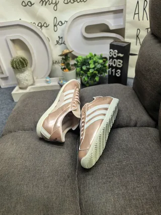 Adidas Brown Beige Metallic Leather Upper Stitched Three Stripes Lifestyle Sneakers 6