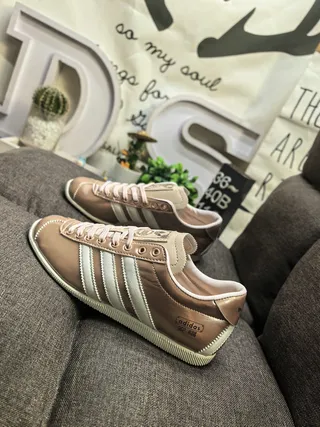 Adidas Brown Beige Metallic Leather Upper Stitched Three Stripes Lifestyle Sneakers 7