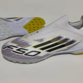 Adidas F50 Blanco Amarillo Cuello Ajuste Calcetín Rayas Iridiscentes Impresas Zapatos de Fútbol para Césped