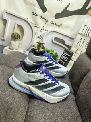 Adidas Gray Purple Mesh Upper Three-Stripe Side Panel Running Shoes 9