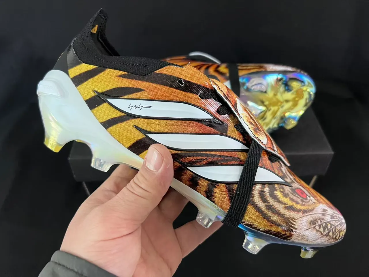 Adidas Multicolor Black Tiger-Print Textile Upper Laceless Strap Closure Firm-Ground Soccer Shoes 1
