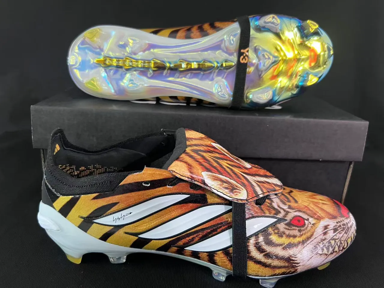 Adidas Multicolor Black Tiger-Print Textile Upper Laceless Strap Closure Firm-Ground Soccer Shoes 6