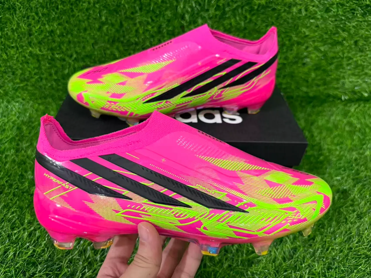 Adidas Pink Green Low-Cut Sock-Fit Upper Iridescent Holographic Overlay Firm-Ground Soccer Shoes 2