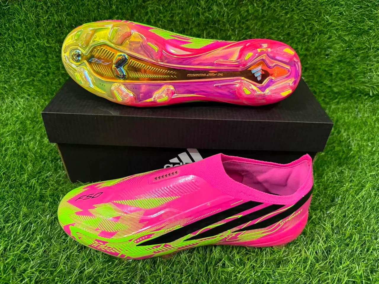 Adidas Pink Green Low-Cut Sock-Fit Upper Iridescent Holographic Overlay Firm-Ground Soccer Shoes 3