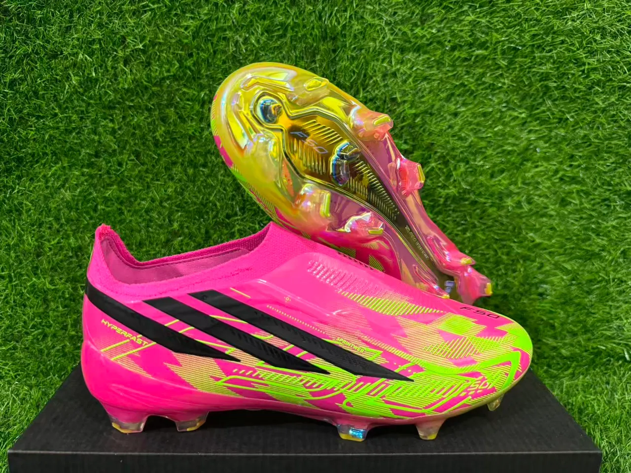 Adidas Pink Green Low-Cut Sock-Fit Upper Iridescent Holographic Overlay Firm-Ground Soccer Shoes 4