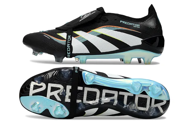 Adidas Predator Black Blue Laceless Strap Closure Translucent Cyan Outsole Firm-Ground Soccer Shoes 6