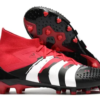 Adidas Predator काले लाल हाई-कट सॉक-फिट कॉलर असममित लेस कवर फर्म-ग्राउंड सोकर जूते