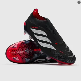Adidas Predator काला लाल लेसलेस सॉक फिट अपर टेक्स्चर्ड सिंथेटिक निट फर्म ग्राउंड फुटबॉल जूते