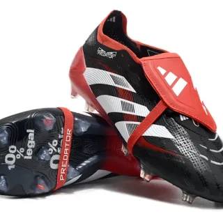 Adidas Predator Black Red Laceless Strap Closure Textured Synthetic Upper Firm-Ground Soccer Shoes