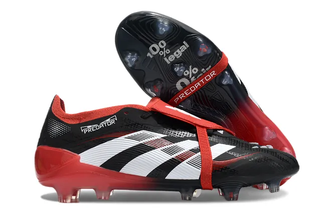 Adidas Predator Black Red Laceless Strap Closure Textured Synthetic Upper Firm-Ground Soccer Shoes 5