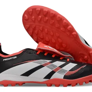 Adidas Predator काले लाल बिना लेस की पट्टा बंदी तीन स्ट्राइप साइड पैनल टर्फ सोकर जूते