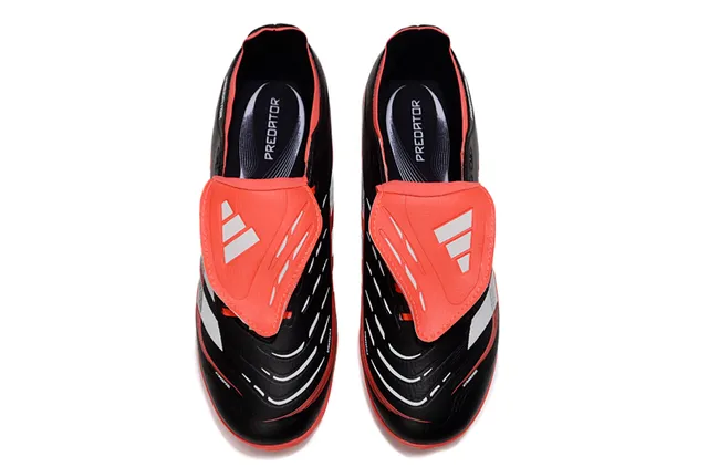 Adidas Predator Black Red Laceless Strap Closure Three-Stripe Side Panel Turf Soccer Shoes 4