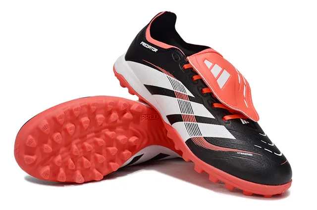 Adidas Predator Black Red Laceless Strap Closure Three-Stripe Side Panel Turf Soccer Shoes 5
