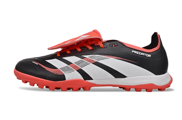 Adidas Predator Black Red Laceless Strap Closure Three-Stripe Side Panel Turf Soccer Shoes 8