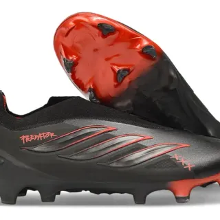 Adidas Predator Black Red Low-Cut Sock-Fit Collar Cursive Branding Firm-Ground Soccer Shoes