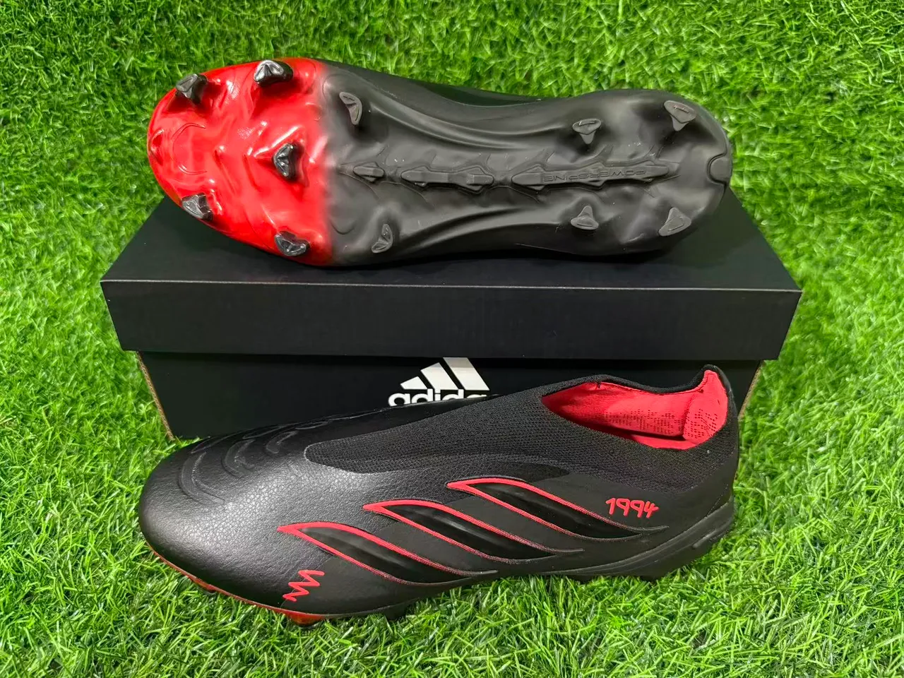 Adidas Predator Black Red Low-Cut Sock-Fit Collar Cursive Branding Firm-Ground Soccer Shoes 3