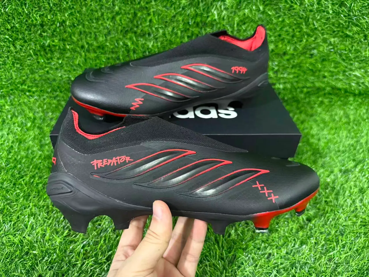 Adidas Predator Black Red Low-Cut Sock-Fit Collar Cursive Branding Firm-Ground Soccer Shoes 4