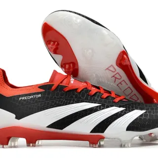 Adidas Predator Black Red Textured Synthetic Upper Three White Stripes Firm-Ground Soccer Shoes