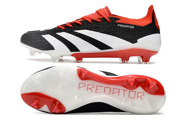 Adidas Predator Black Red Textured Synthetic Upper Three White Stripes Firm-Ground Soccer Shoes 6