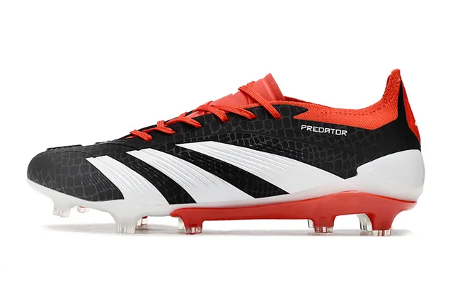 Adidas Predator Black Red Textured Synthetic Upper Three White Stripes Firm-Ground Soccer Shoes 7