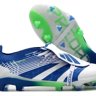Adidas Predator Blue Green Asymmetrical Strap Closure Neon Accent Highlights Firm-Ground Soccer Shoes