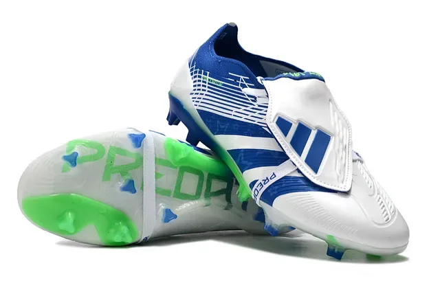 Adidas Predator Bleu Vert Fermeture Asymétrique Sangle Accent Néon Surbrillance Chaussures de Football pour Sol Ferme 4