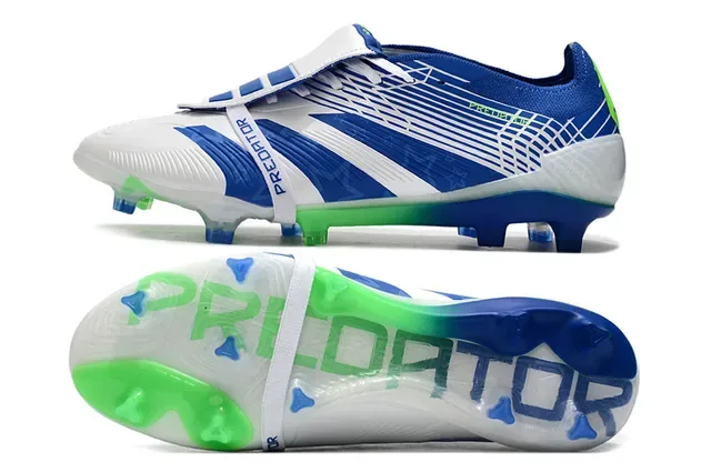 Adidas Predator Bleu Vert Fermeture Asymétrique Sangle Accent Néon Surbrillance Chaussures de Football pour Sol Ferme 6