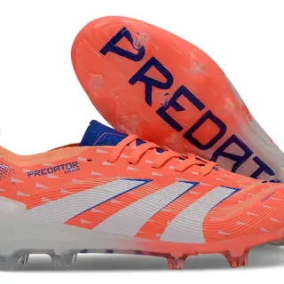 Adidas Predator नारंगी नीली आक्रामक टेक्स्चर अपर कॉन्ट्रास्ट-स्टिच्ड सफेद धारियाँ फर्म ग्राउंड फुटबॉल जूते