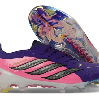 Adidas Predator गुलाबी बैंगनी लो-कट सिंथेटिक अपर इरिडेसेंट ट्रांसपेरेंट सोलप्लेट फर्म-ग्राउंड फुटबॉल जूते