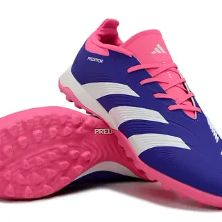 Adidas Predator গোলাপি বেগুনি লো-কাট সিন্থেটিক উপর তিনটি সাদা স্ট্রাইপ কৃত্রিম ঘাস ফুটবল জুতা