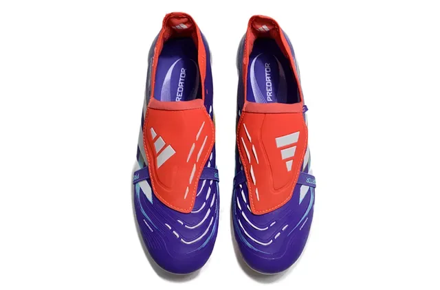 Adidas Predator Bota de futebol roxa e vermelha low-cut sem cadarço sistema de fechamento dual-strap superfície firme 2