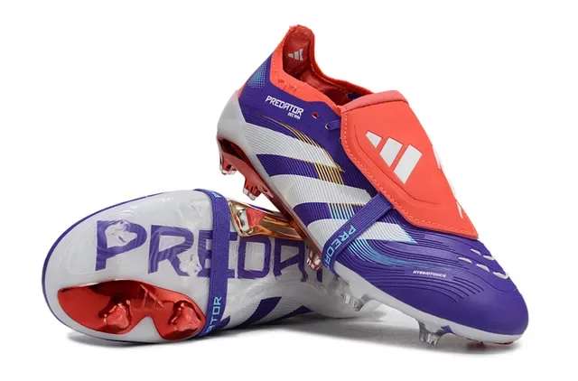 Adidas Predator Bota de futebol roxa e vermelha low-cut sem cadarço sistema de fechamento dual-strap superfície firme 3