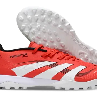 Adidas Predator Rojo Blanco Bajo Corte Superior Sintético Panel Lateral de Tres Rayas Césped Zapatos de Fútbol