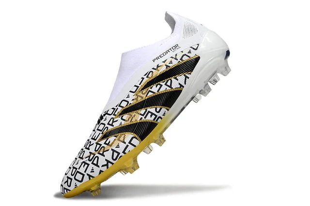 Adidas Predator Blanco Negro Sin Cordones Cuello Ajuste a Calcetín Franja Asimétrica Superposición Campo Firme Zapatos de Fútbol 3