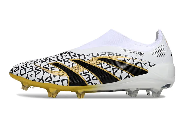 Adidas Predator Blanco Negro Sin Cordones Cuello Ajuste a Calcetín Franja Asimétrica Superposición Campo Firme Zapatos de Fútbol 7