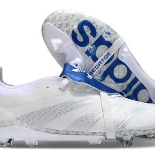 Adidas Predator White Blue Laceless Strap Closure Transparent Heel Cage Firm-Ground Soccer Shoes