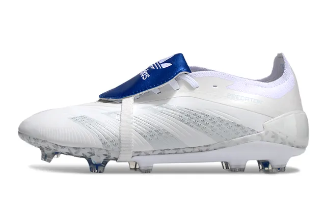 Adidas Predator White Blue Laceless Strap Closure Transparent Heel Cage Firm-Ground Soccer Shoes 3